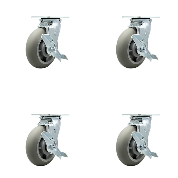 6 Inch Thermoplastic Rubber Swivel Caster Set with Ball Bearings and Brakes SCC